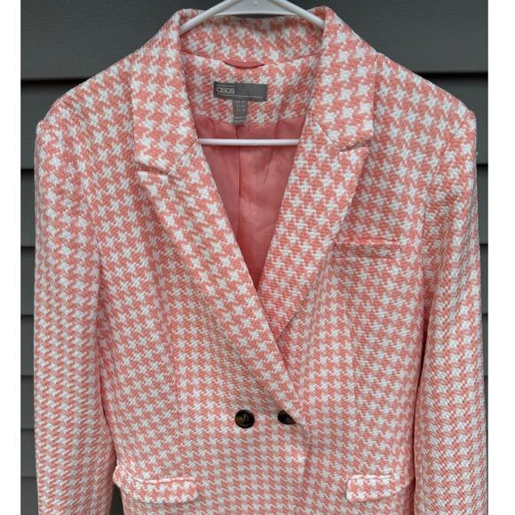 ASOS size 10 Pink and White Dogstooth Houndstooth Long Suit Blazer Jacket - Picture 4 of 12